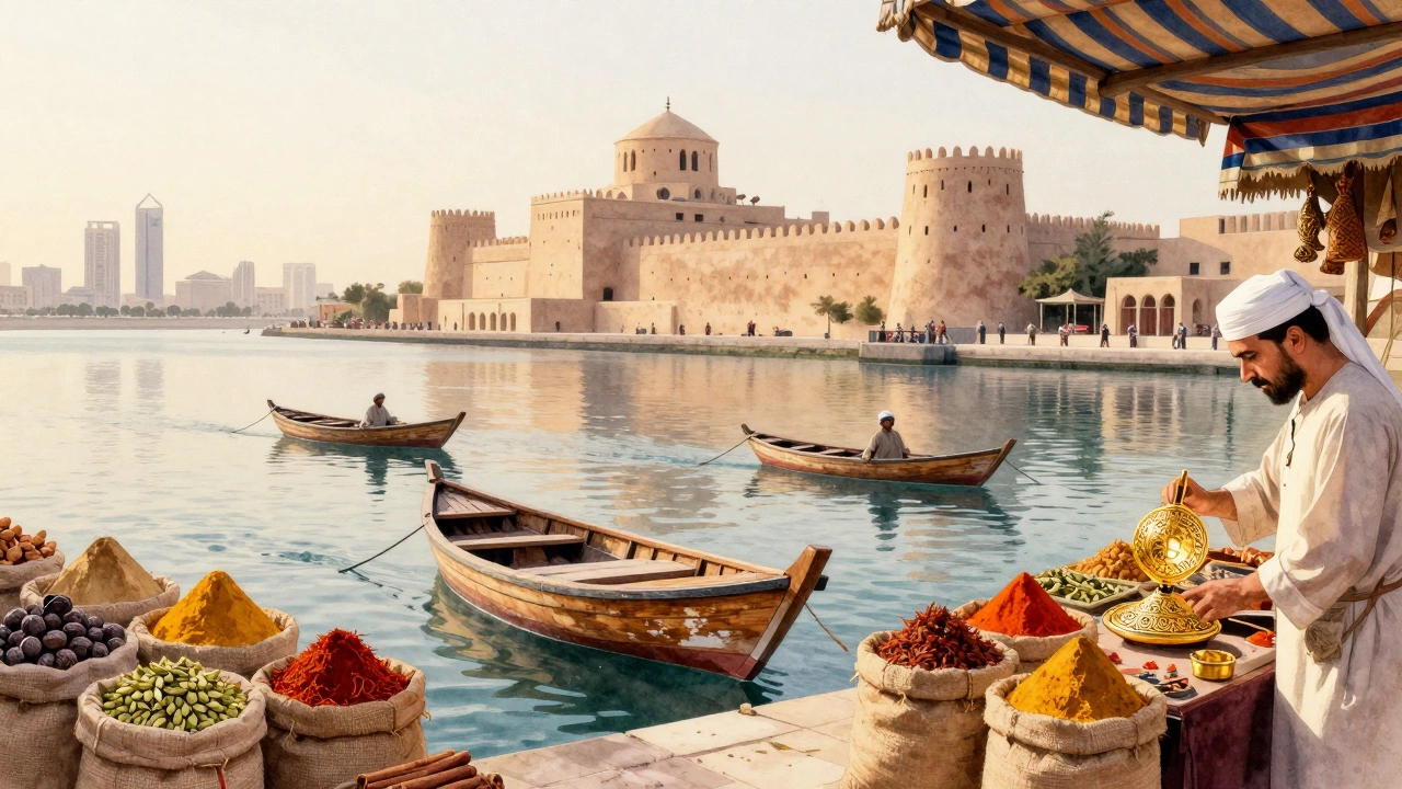 Traditional abras on Dubai Creek at dawn, surrounded by spice stalls and a goldsmith at work.